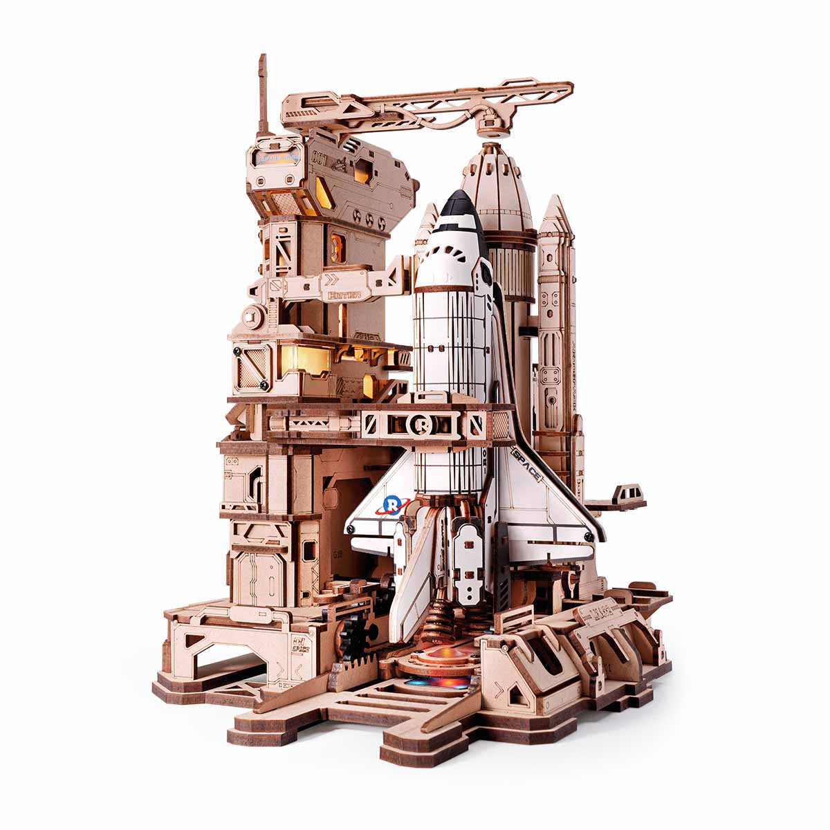 3D wooden space shuttle puzzle with LED lights and mechanical launch pad features