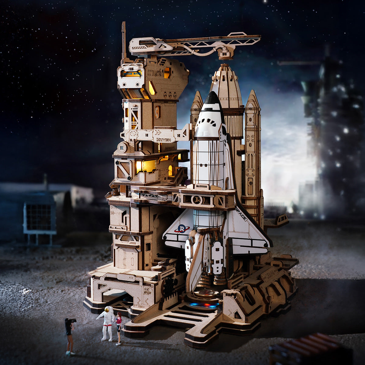 3D wooden space shuttle puzzle with LED lights and mechanical launch pad features