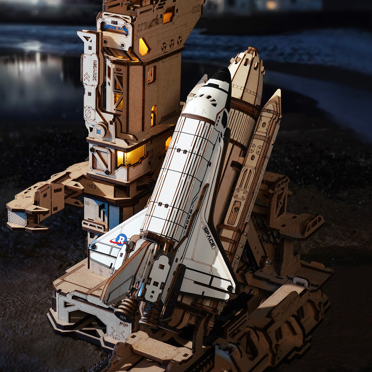 3D wooden space shuttle puzzle with LED lights and mechanical launch pad features
