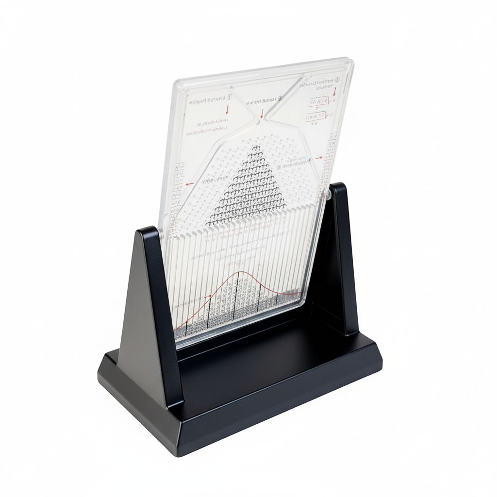 compact desktop galton board statistics teaching toy showing normal distribution curve with steel beads cascading through pin grid