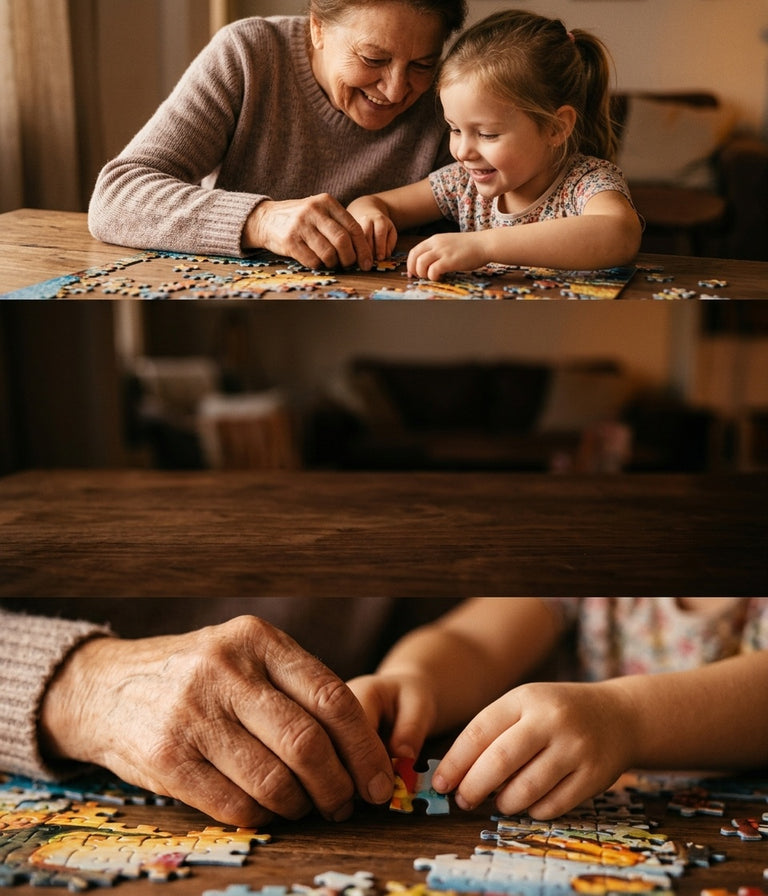 Grandparents Day puzzle gifts, grandmother and granddaughter putting together a jigsaw puzzle together