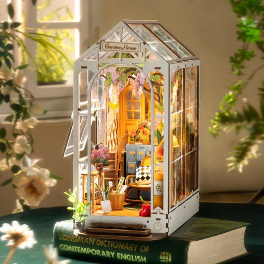 garden house book nook with warm led lighting, cozy bookshelf insert for a reading nook or home library
