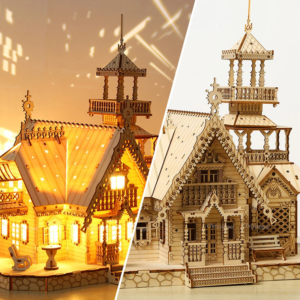 DIY Villa 3D Wooden Model Kit with Light castle puzzle assembly toy for kids adults desk decoration gift LED illuminated display