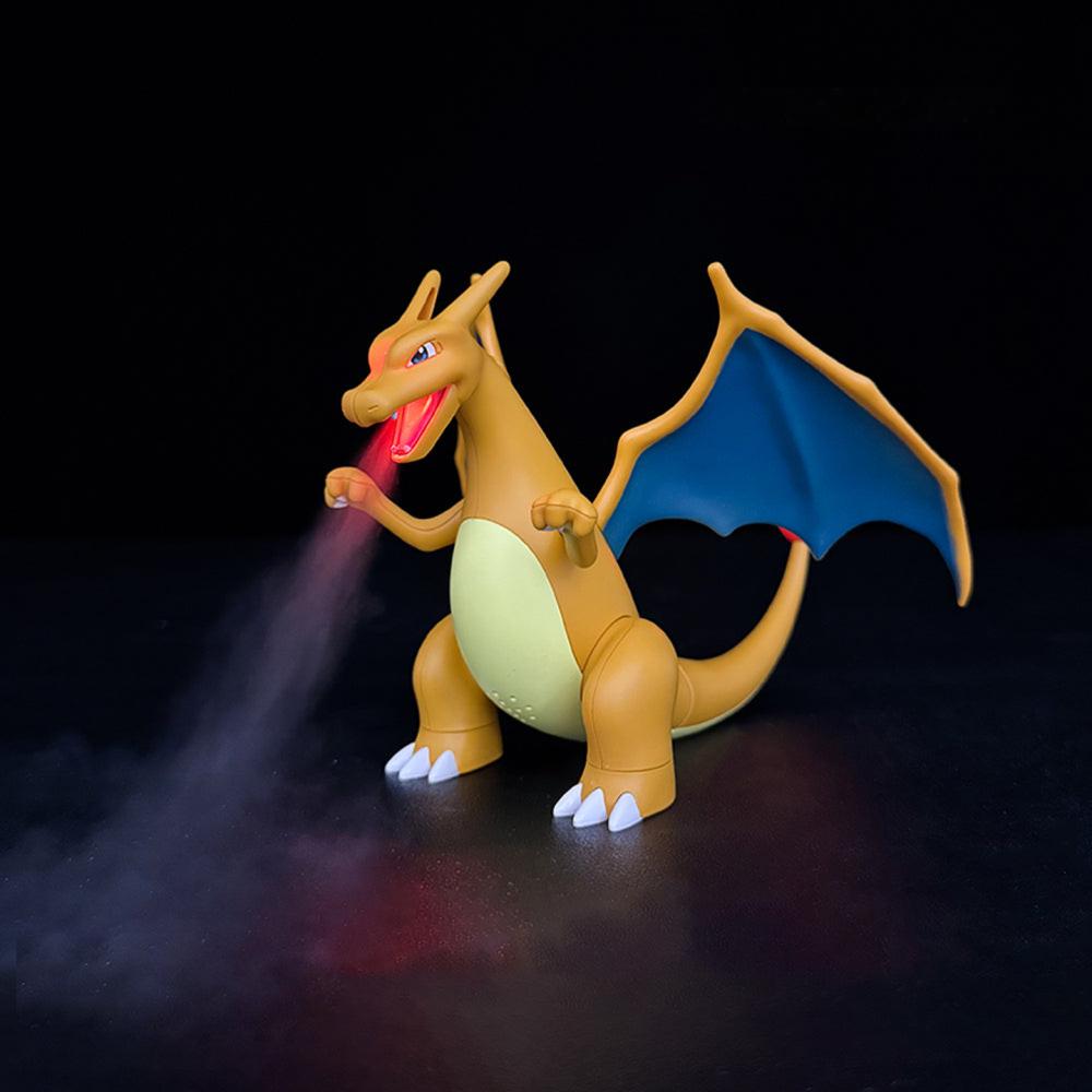 Interactive dragon figure toy with fire-breathing spray effects and LED lighting