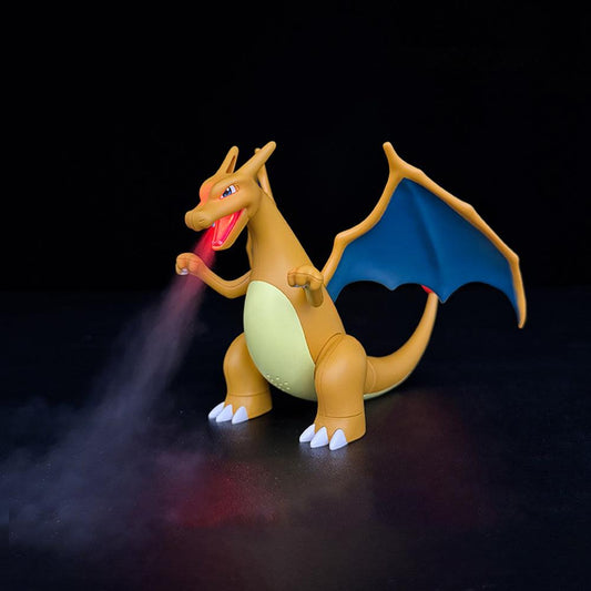 Interactive dragon figure toy with fire-breathing spray effects and LED lighting