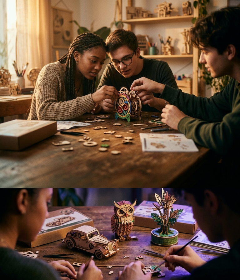 International Youth Day sale - teens building colorful DIY wooden puzzle kits together
