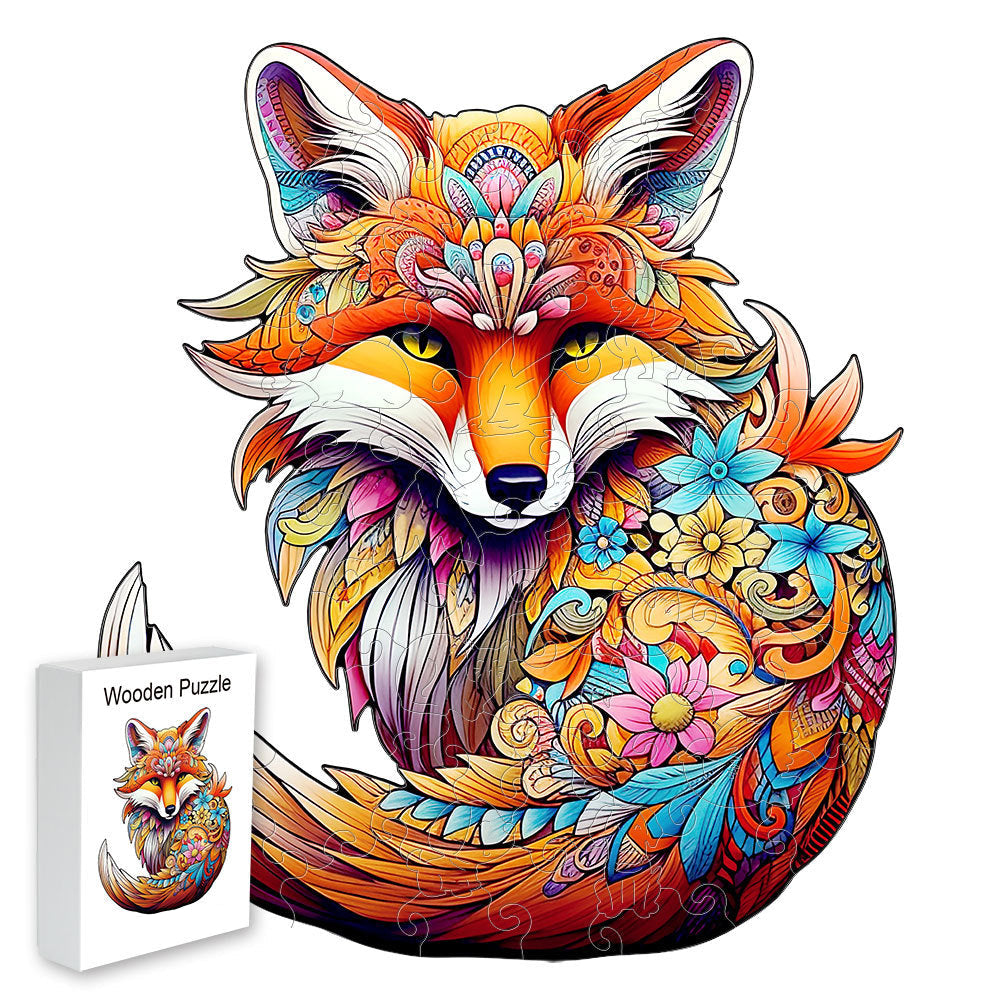 Colorful wooden jigsaw puzzle featuring artistic animal design with intricate patterns and vibrant details