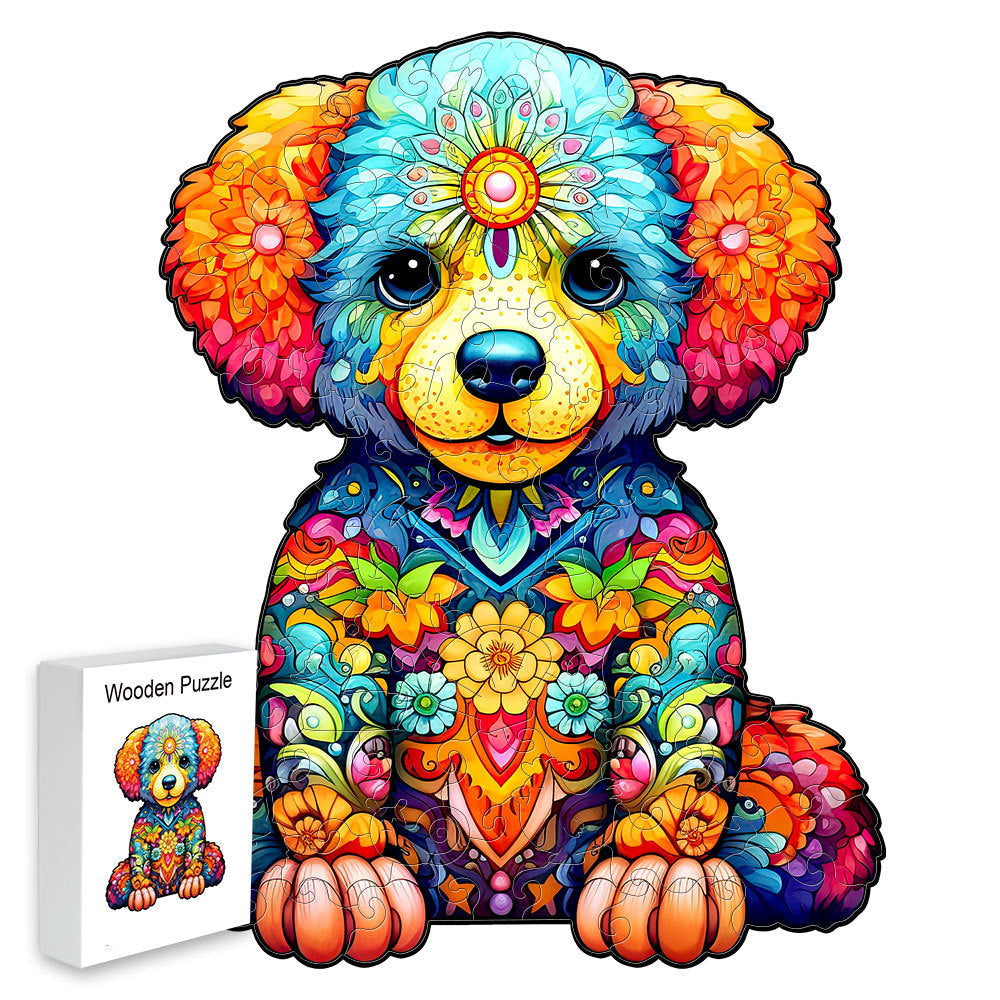Colorful wooden jigsaw puzzle featuring artistic animal design with intricate patterns and vibrant details