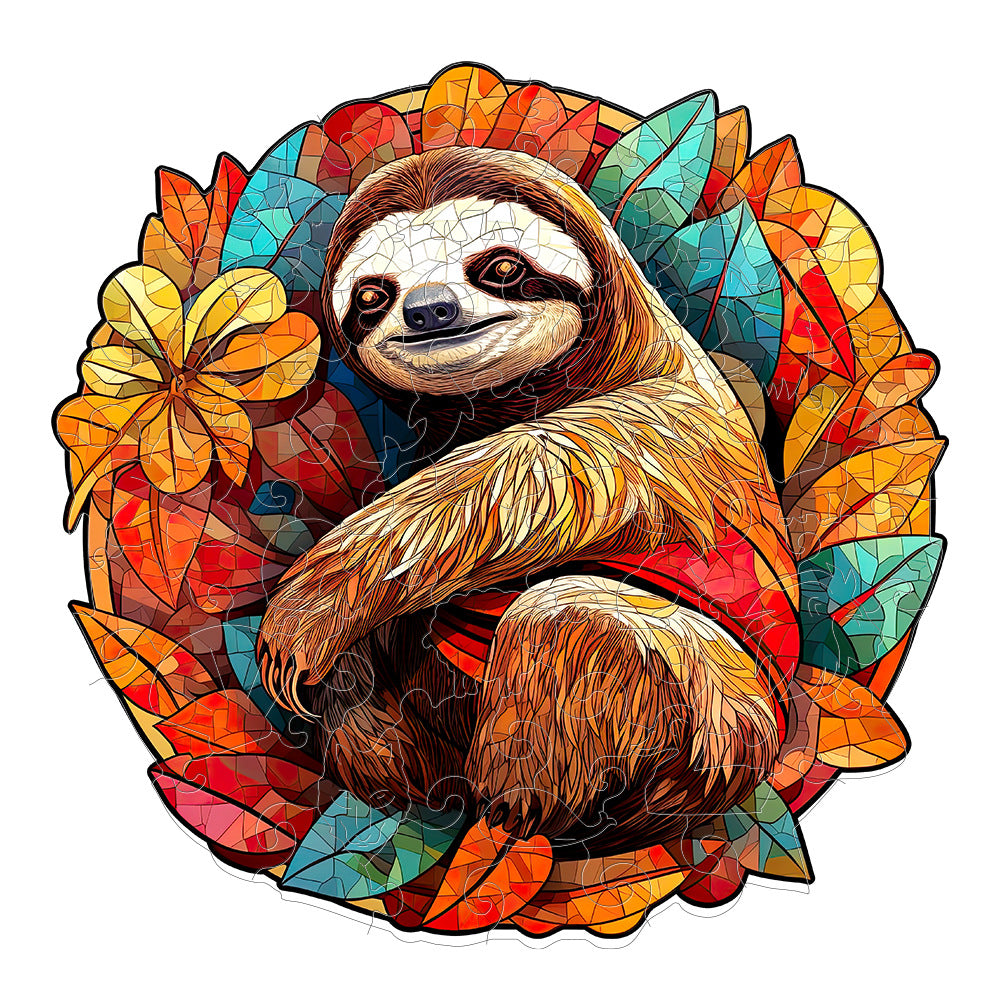 Colorful wooden jigsaw puzzle featuring artistic animal design with intricate patterns and vibrant details