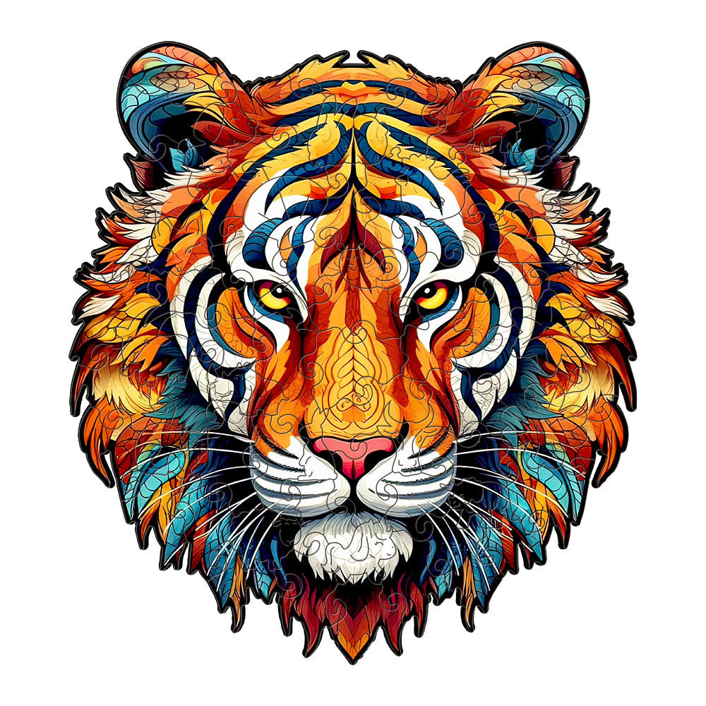 Colorful wooden jigsaw puzzle featuring artistic animal design with intricate patterns and vibrant details
