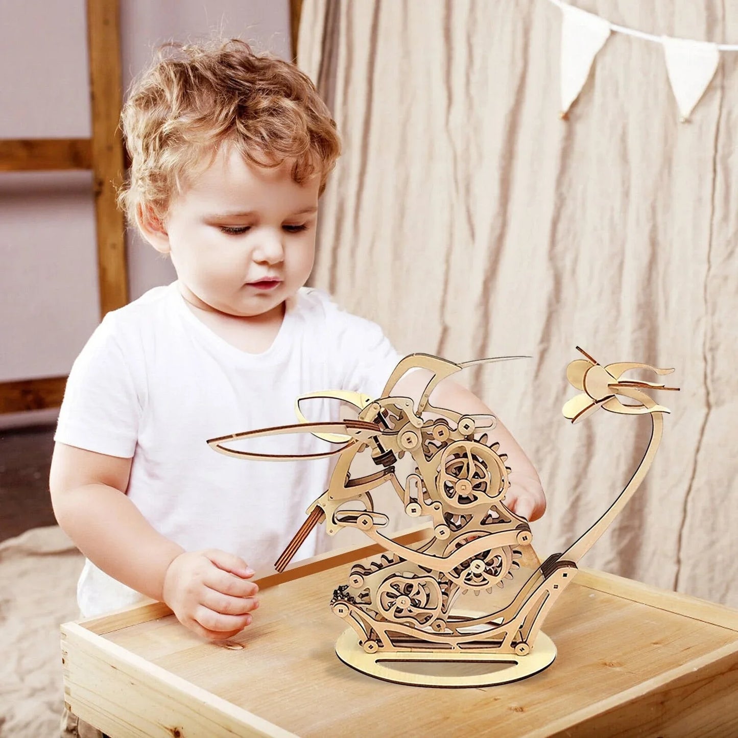 kid friendly wooden mechanical puzzle with moving hummingbird, hands on stem building kit and family gift idea