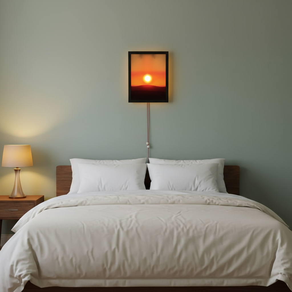 Bedroom with a bed, nightstand, and wall art of a sunset.