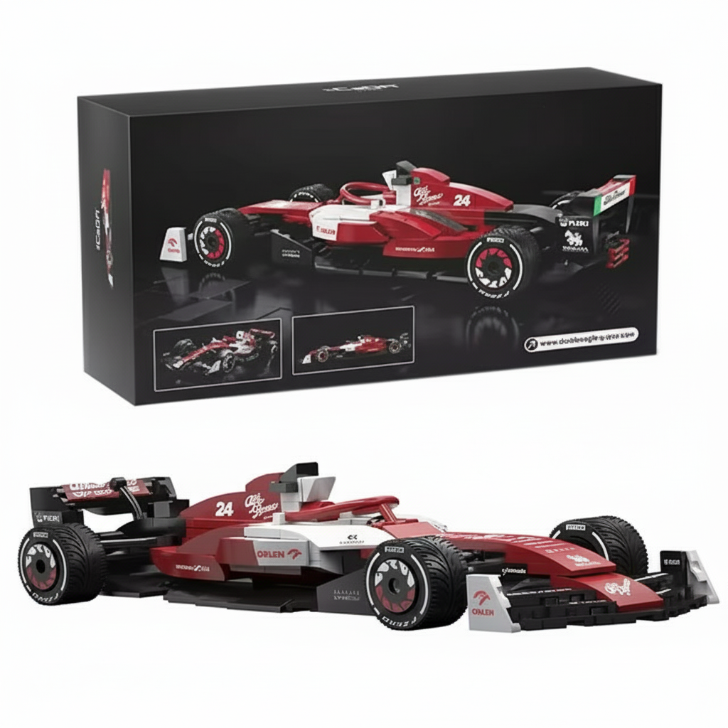 Model racing car with a black box packaging featuring a Formula 1 car design.