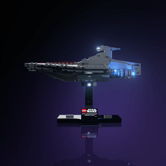 lighting kit for LEGO Acclamator-Class Assault Ship adds illuminated windows interiors and detail to the finished build for shelf display
