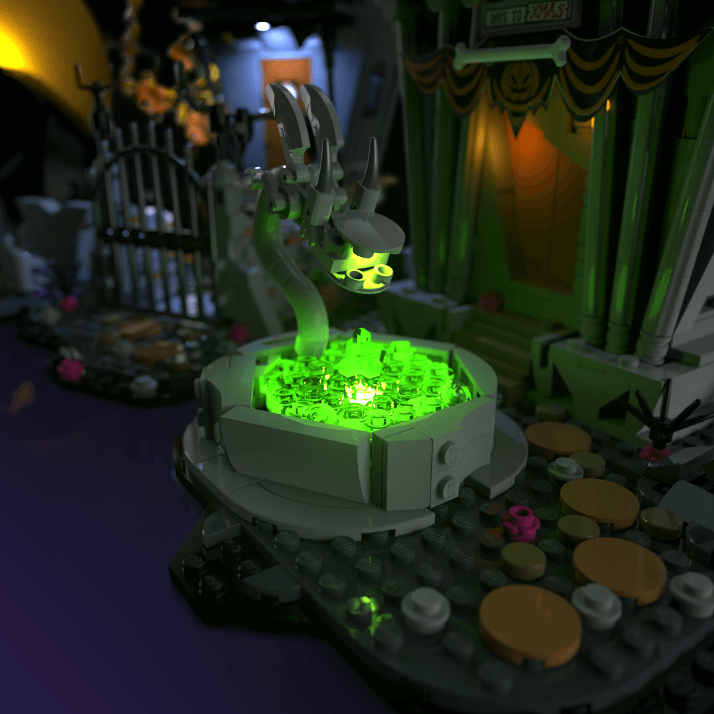 lighting kit for LEGO Disney Tim Burton The Nightmare Before Christmas adds illuminated windows interiors and detail to the finished build for shelf display