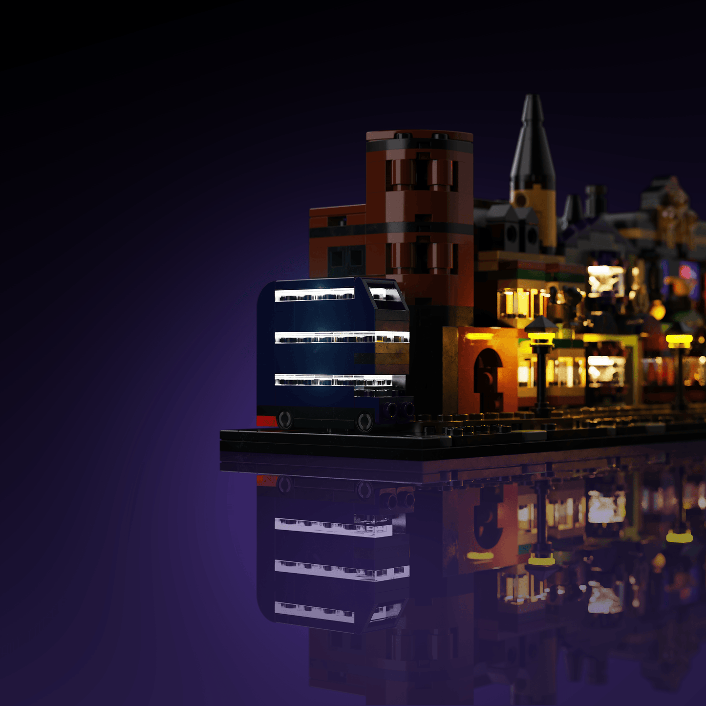 light kit for the LEGO Harry Potter Diagon Alley Wizarding Shops build illuminates structural depth windows and decorative detail for display
