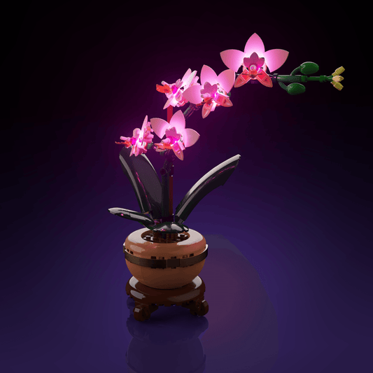lighting kit for LEGO Mini Orchid adds illuminated windows interiors and detail to the finished build for shelf display