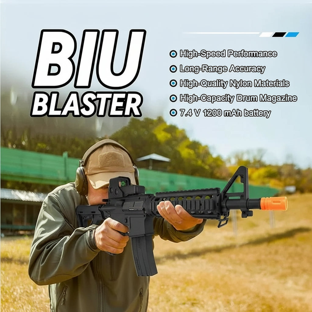 Person holding a toy gun labeled 'BIU Blaster' with features listed on a blurred outdoor background.