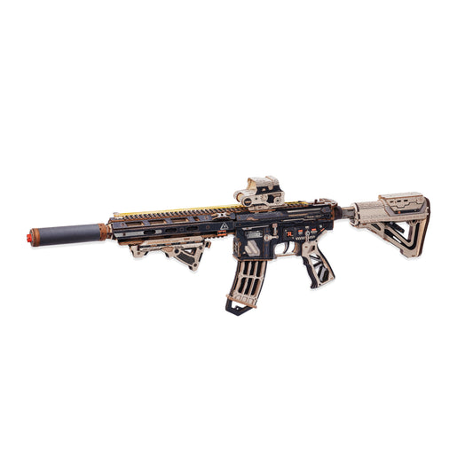 M416 wooden rubber band gun 3D puzzle kit for adults, 410 piece DIY toy gun model that shoots rubber bands in single or burst mode