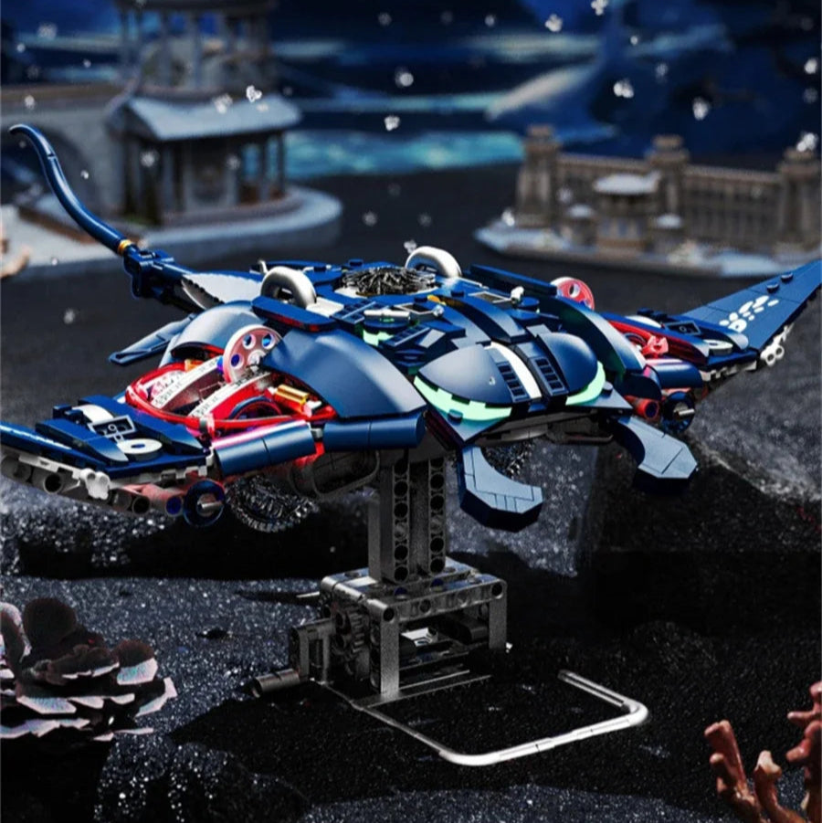 Advanced mechanical building block devil fish model with LED lights and moving parts