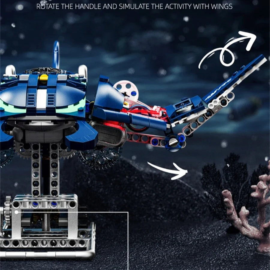 Toy robot with movable wings on a dark underwater background