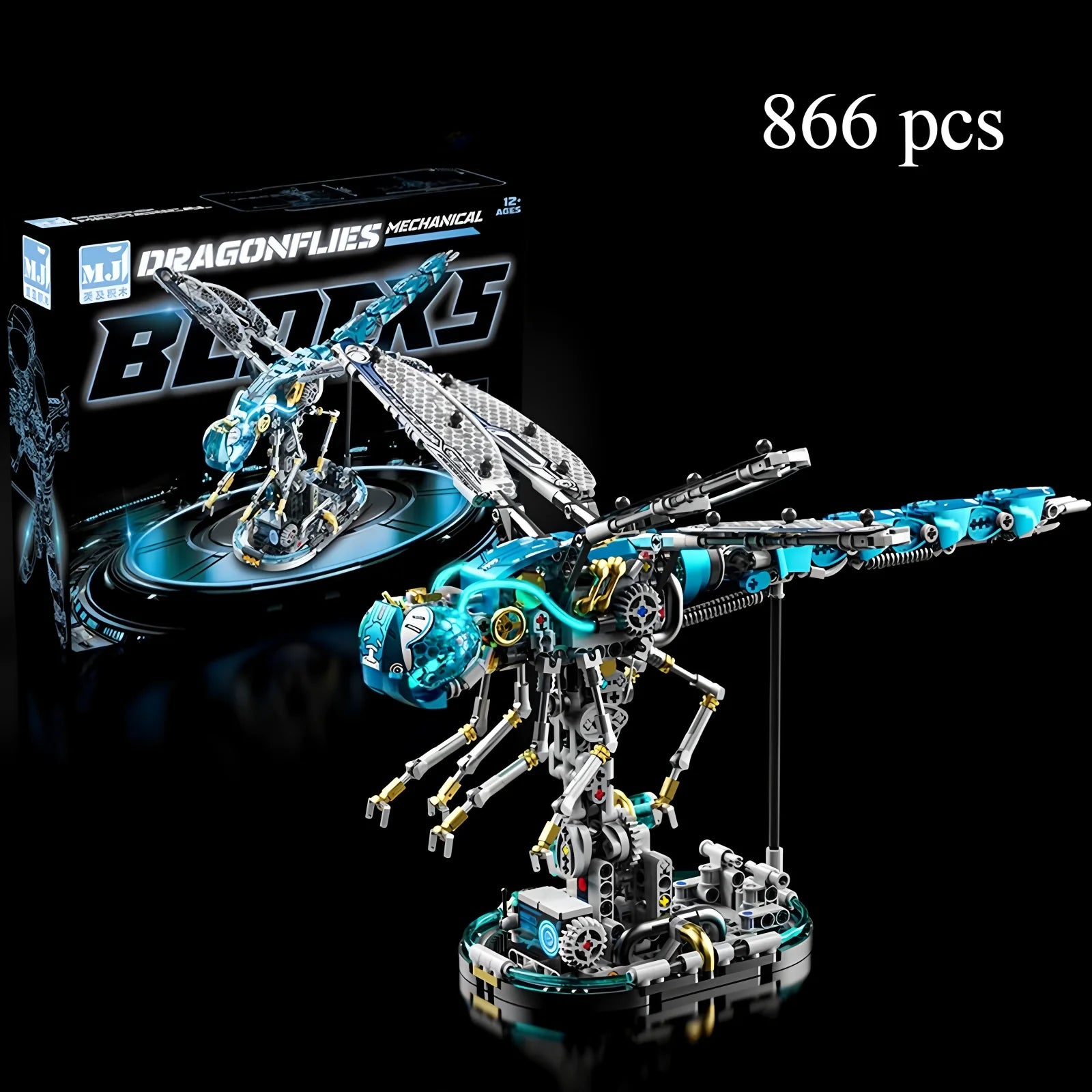Puzzloria mechanical dragonfly building blocks set with LED lights and movable joints for STEM education and creative building