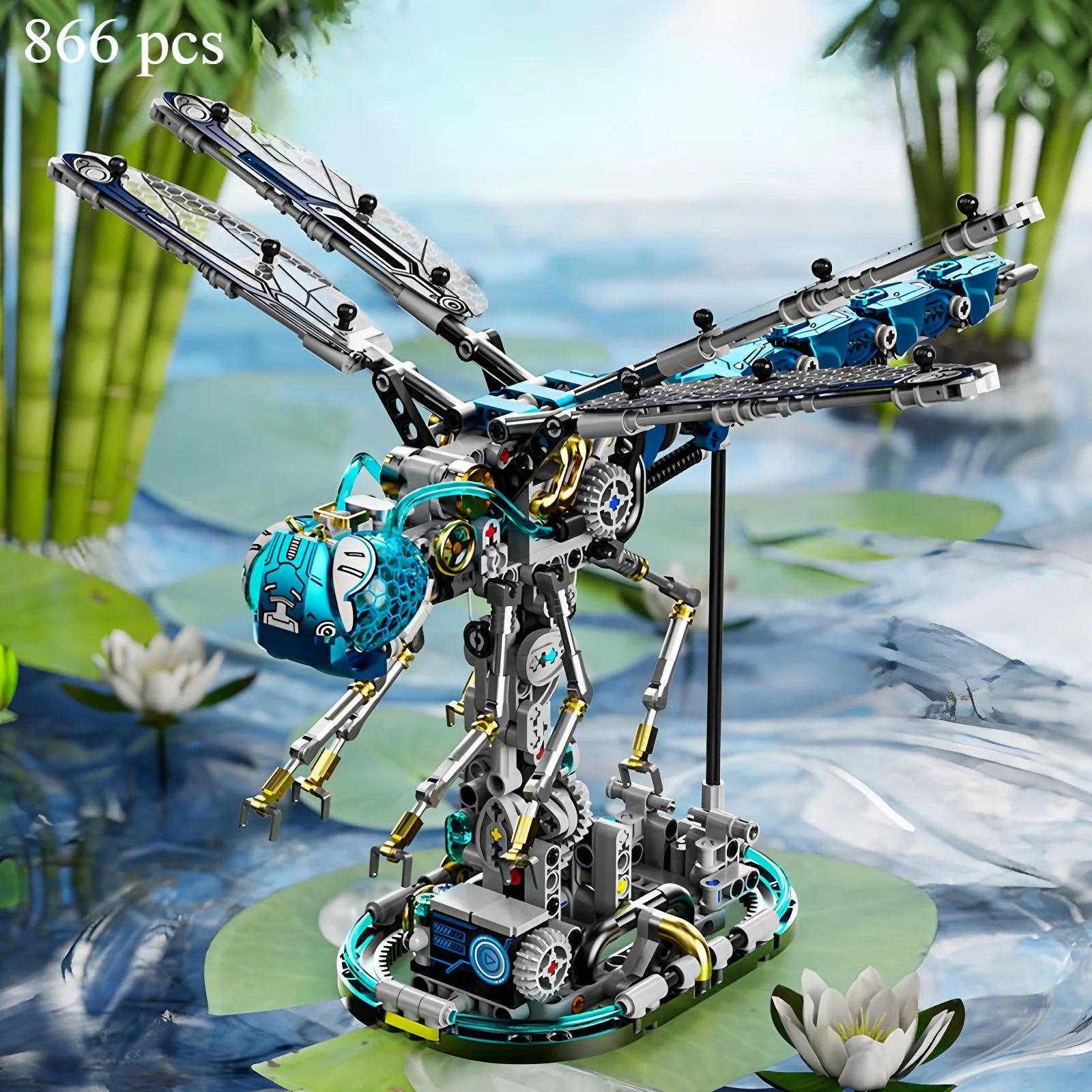 Puzzloria mechanical dragonfly building blocks set with LED lights and movable joints for STEM education and creative building