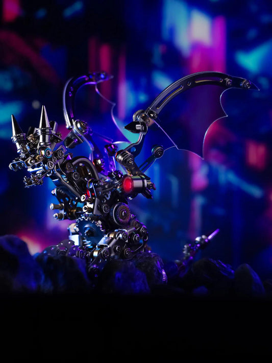 3d metal dragon model kit lit display for a gaming room shelf with fantasy dragon sculpture styling, Blue, Purple Red, Colorful