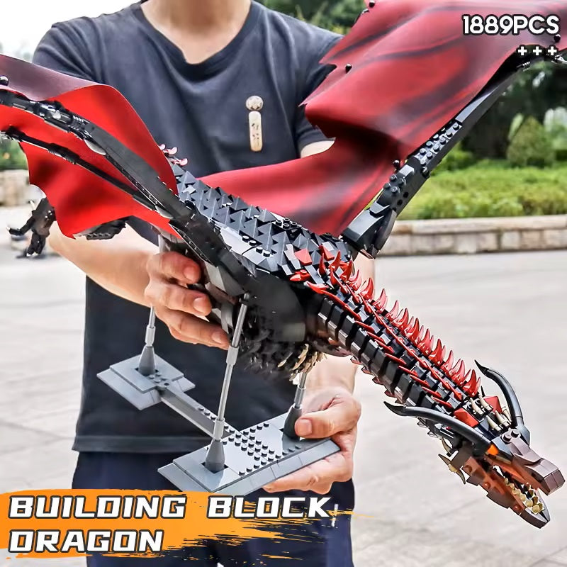 Puzzloria Giant Dragon Master Builder Set - 1889 piece premium building blocks with articulated wings and poseable joints for ages 12+