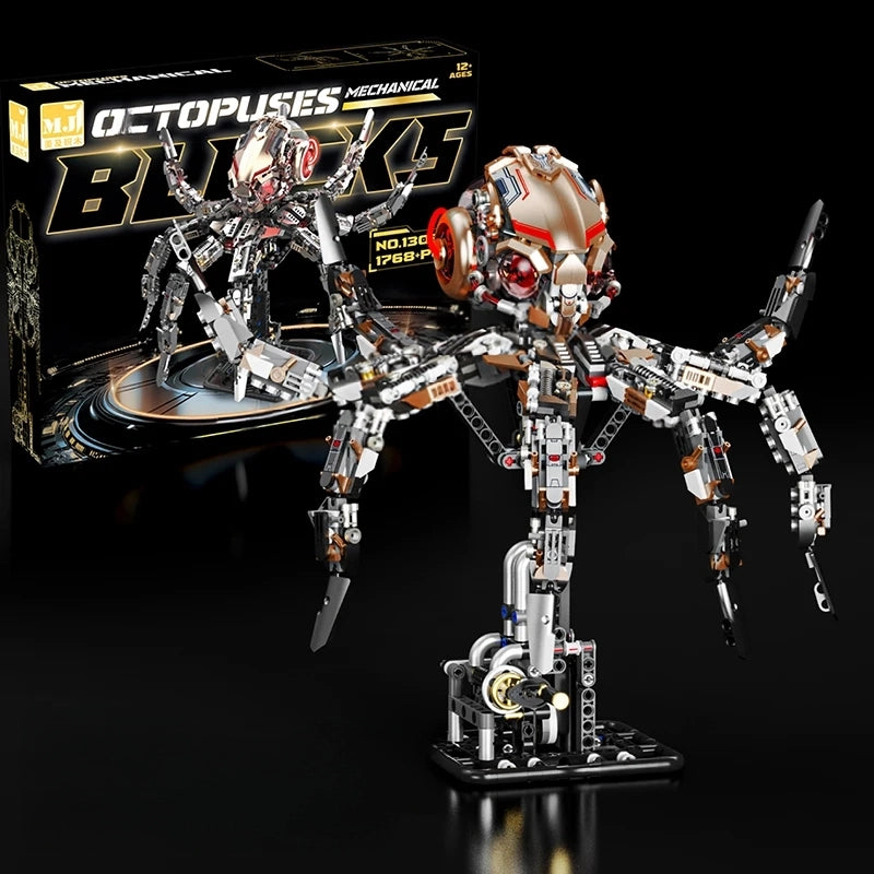 Puzzloria mechanical octopus building set with LED lights and articulated tentacles - premium STEM construction toy for ages 12 and up