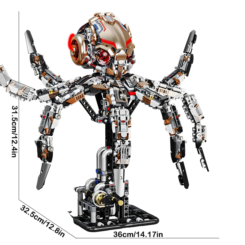 Puzzloria mechanical octopus building set with LED lights and articulated tentacles - premium STEM construction toy for ages 12 and up