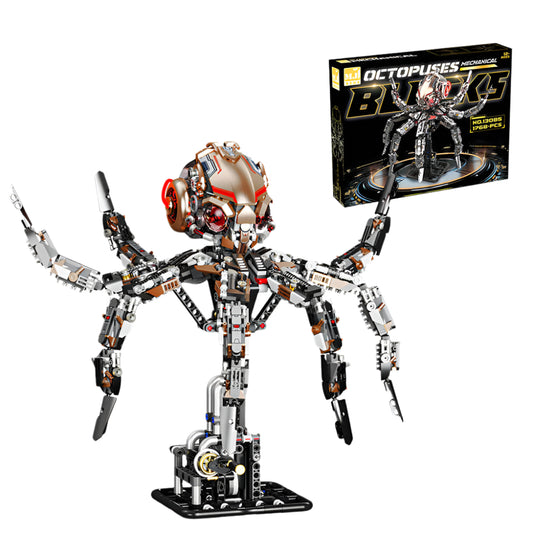 Puzzloria mechanical octopus building set with LED lights and articulated tentacles - premium STEM construction LEGO toy