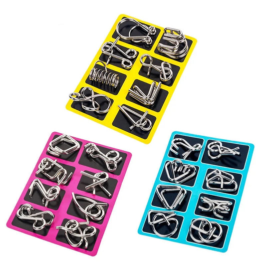 polished steel wire puzzle pack 8 pieces classic horseshoe ring hook knot disentanglement office desk brain game โ Blue, Yellow, Pink, Green