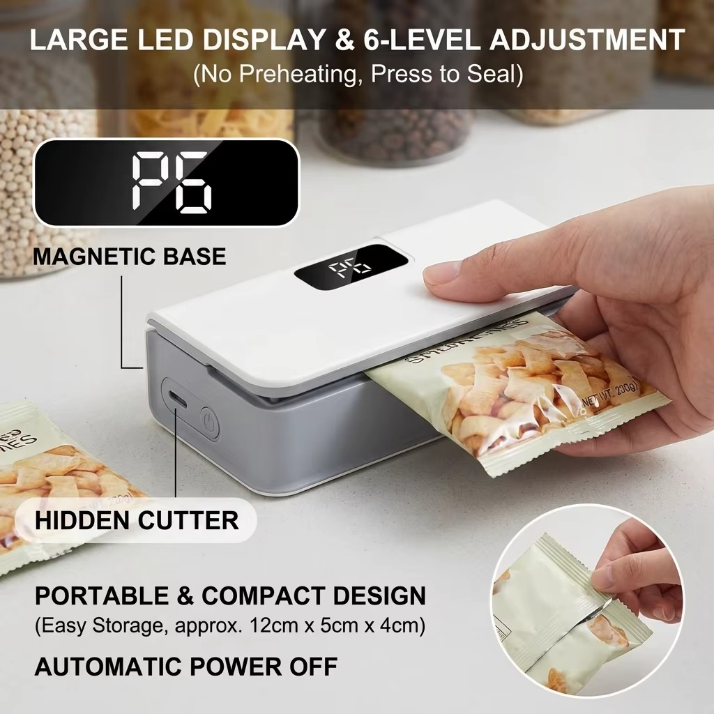 mini heat bag sealer LED display 6-level adjustment kitchen gadget hidden cutter snack bag resealer chip pouch – White, Blue