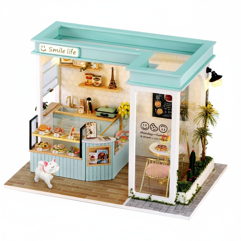 diy miniature dollhouse kit blue smile life cafe deli 1:24 scale wooden model with led lights sandwich shop diorama — Blue