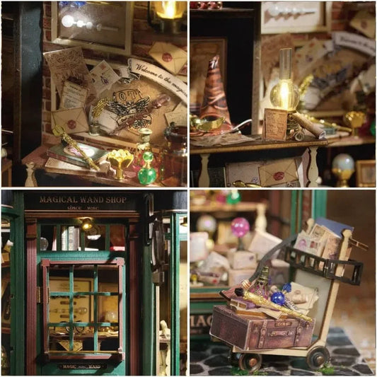 wizard shop interior with tiny spellbooks, potion bottles and shelves, dollhouse miniature kit for adults