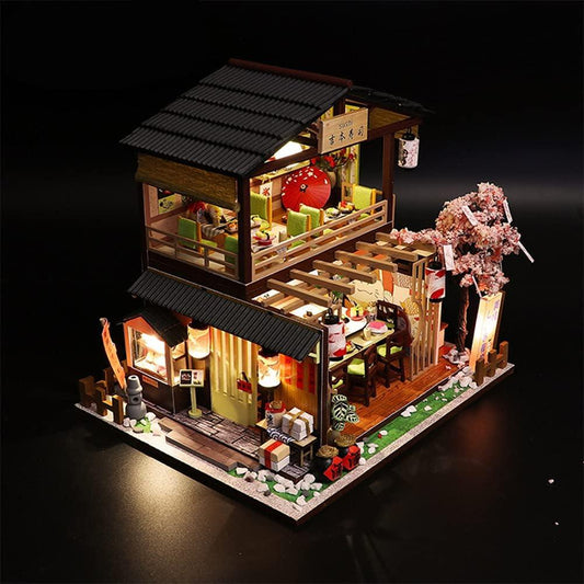 japanese sushi bar miniature house kit in 1 to 24 scale with tiny sushi displays and wooden dining furniture