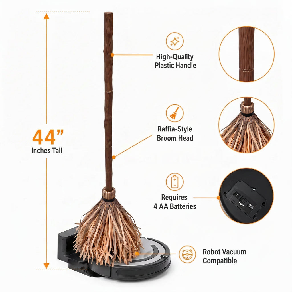self moving witch broom 47 inches tall with hidden motion base, 4 AA batteries, robot vacuum compatible halloween prop