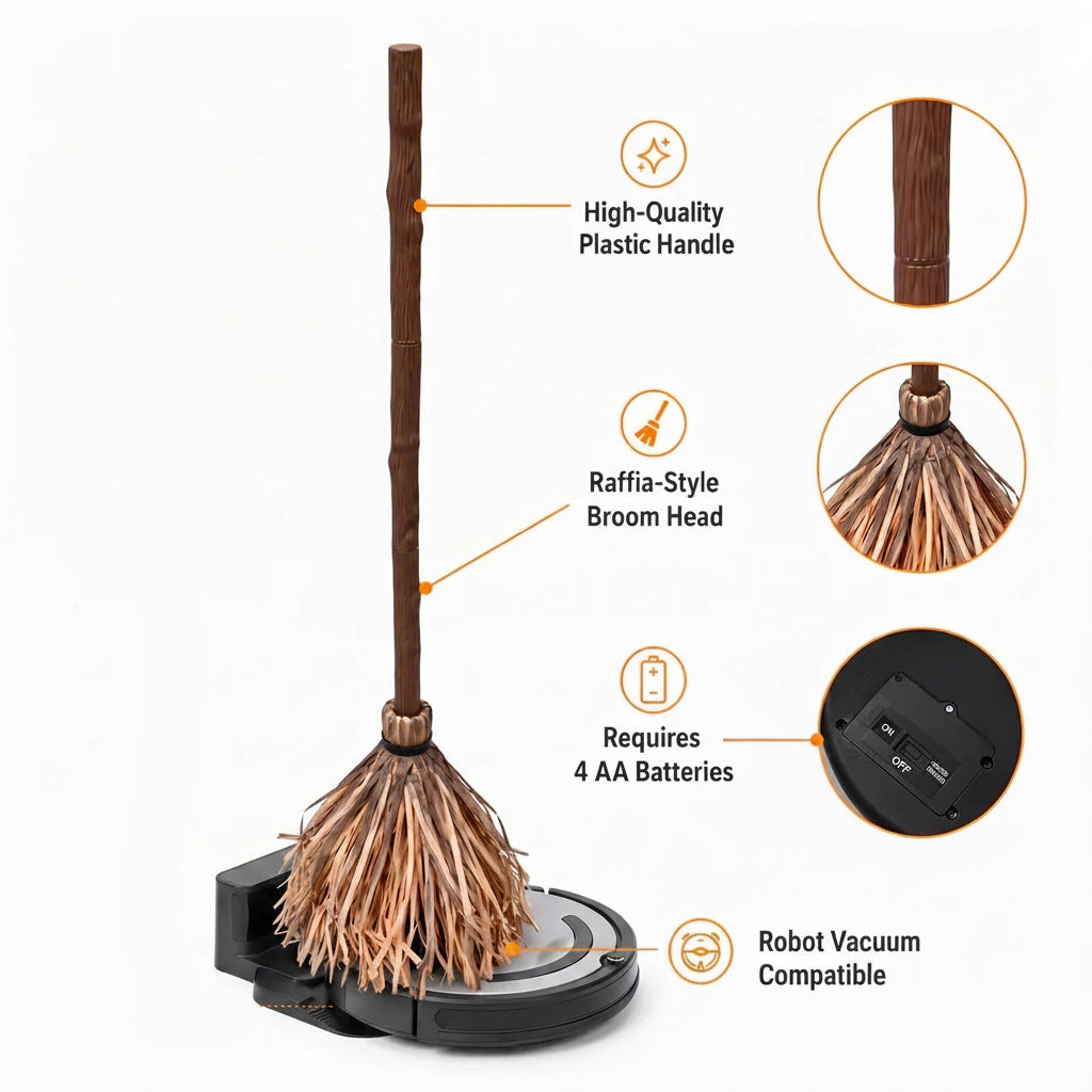 self moving witch broom 47 inches tall with hidden motion base, 4 AA batteries, robot vacuum compatible halloween prop