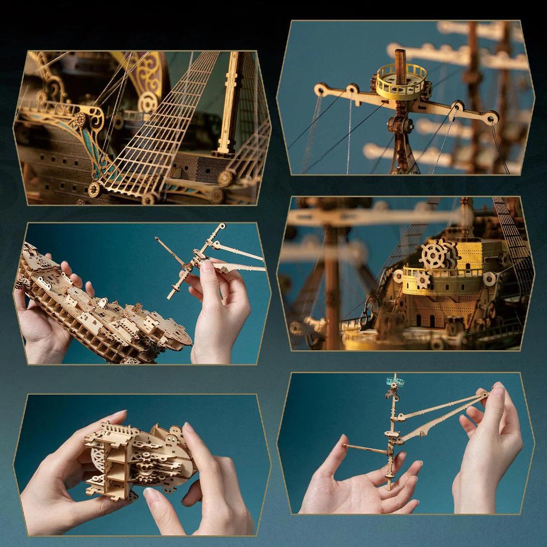 Puzzloria™ | Secrets of the Aether 3D Steampunk Pirate Ship Wooden Assembly Kit - Puzzloria