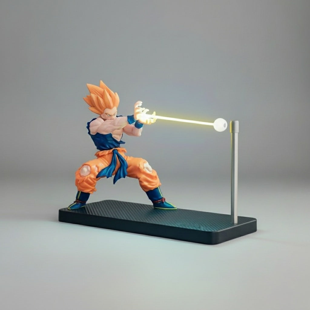 Dragon Ball Super Saiyan collectible figurine with golden-yellow magnetic LED energy beam effect