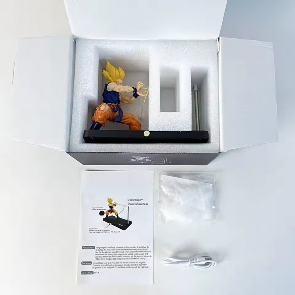 Dragon Ball Super Saiyan collectible figurine with golden-yellow magnetic LED energy beam effect