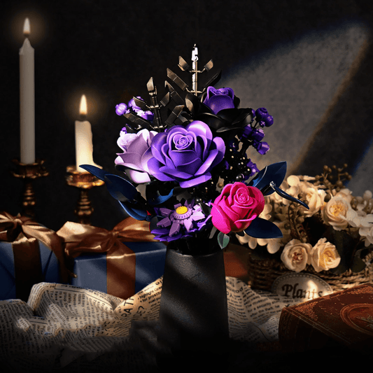 building block flower bouquet with deep purple and lavender roses for a bedroom shelf or desk vase display