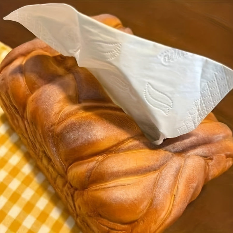 Realistic bread-shaped tissue box holder with premium PU construction and innovative dispensing mechanism