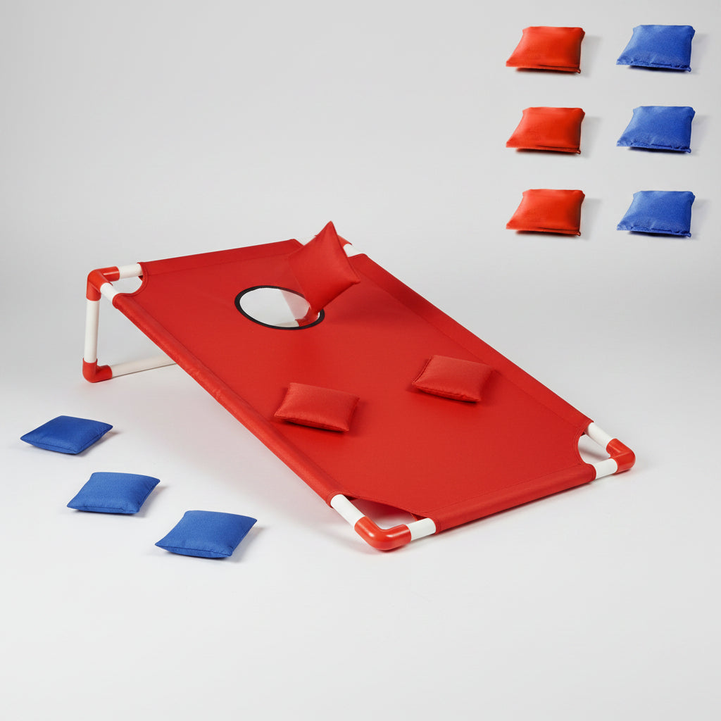 red cornhole board with 6 bean bags portable bag toss game for backyard parties and tailgates, Red Board, 2 Boards (Red + Blue)