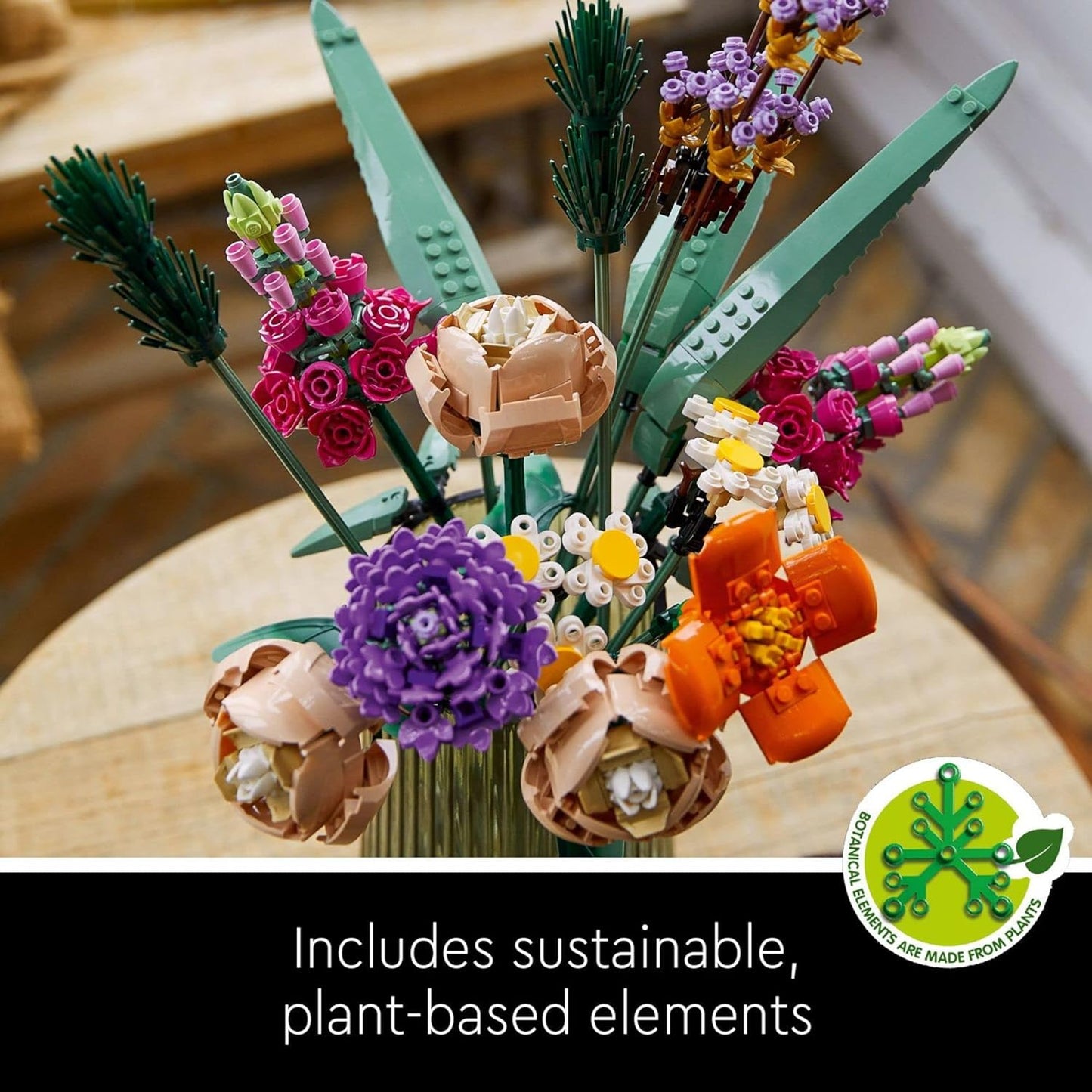 building block flower bouquet on a table, never-wilt birthday anniversary and valentine's gift, beats fresh flowers
