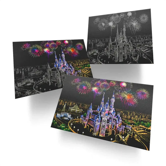 scratch art kit progression three sheets showing scratch off reveal of fairytale castle skyline neon colors revealed from black paper โ Dream castle, Tower Bridge in London, Amusement Park, Chiang Mai, Cologne Cathedral, Hot Air Balloon, Sakura, Eiffel Tower, Fujiyama, West Lake, Las Vegas, Big Ben, Red Square, Singapore, Sydney Opera House, Taj Mahal, Venice Water City, Victoria Harbour, Windmill, Budapest, Hamburg, Malaysia, Seoul, Tokyo, Florence, New York, Louvre, Venice, Toronto, Berlin, Paris