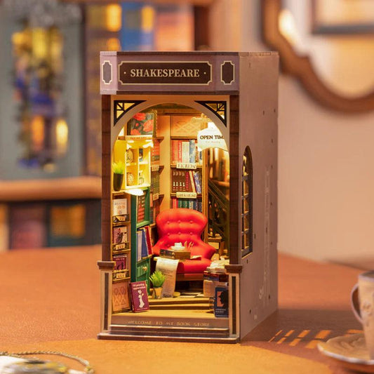 book nook shelf insert for book lovers, elizabethan miniature library scene lit by a warm led reading light