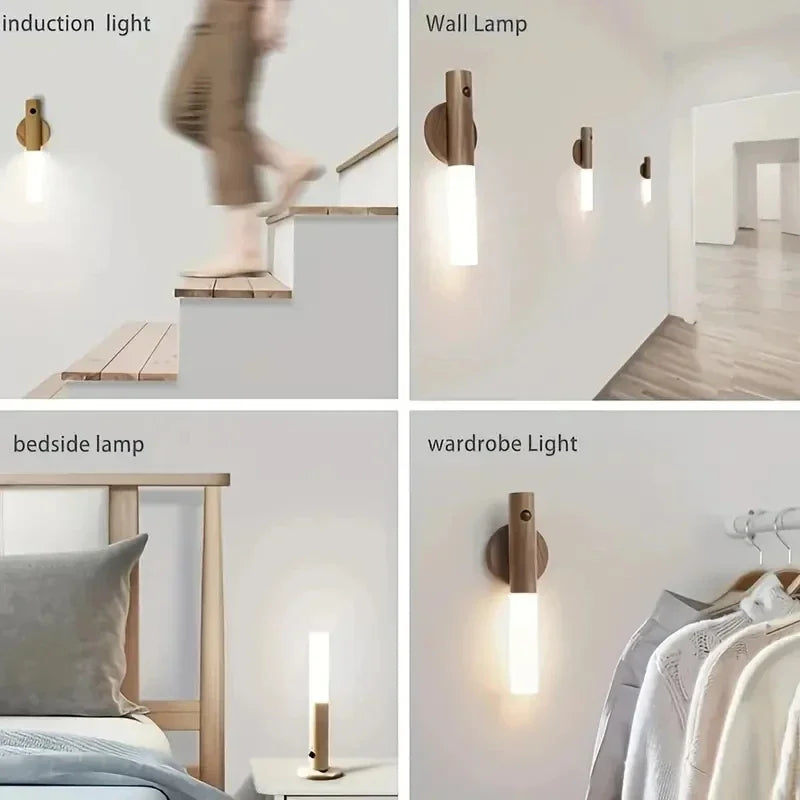 Collage of different types of lights including induction light, wall lamp, bedside lamp, and wardrobe light.