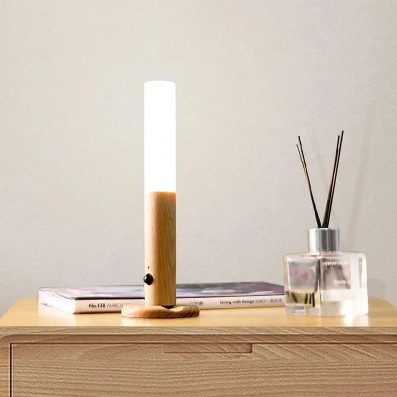 Modern lamp with wooden base on a wooden surface with a light background
